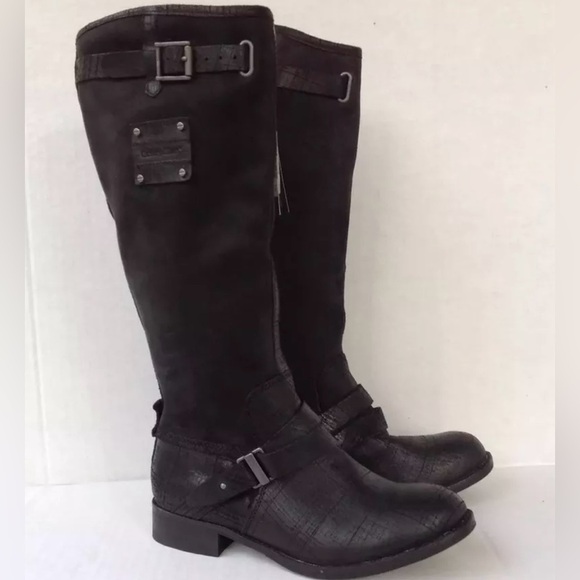 Caterpillar Knee High Black Leather Motorcycle Pull On Grunge Boots  Size 8.5 - Picture 2 of 5